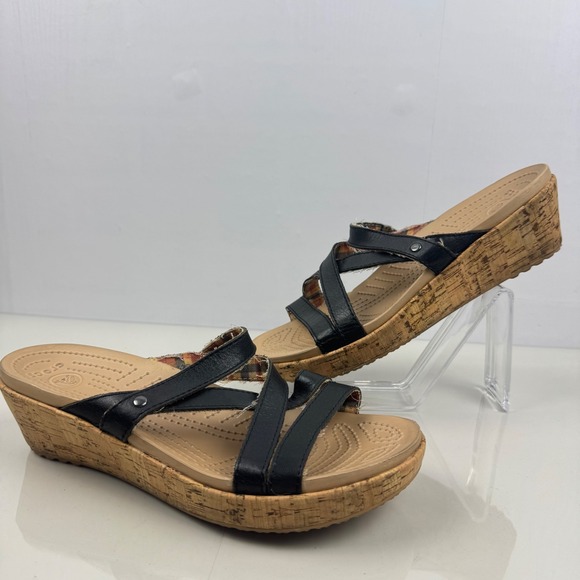 Crocs Black Wedge Sandals Cork Sole Women's Size 8 Comfort Slip On - Picture 2 of 13